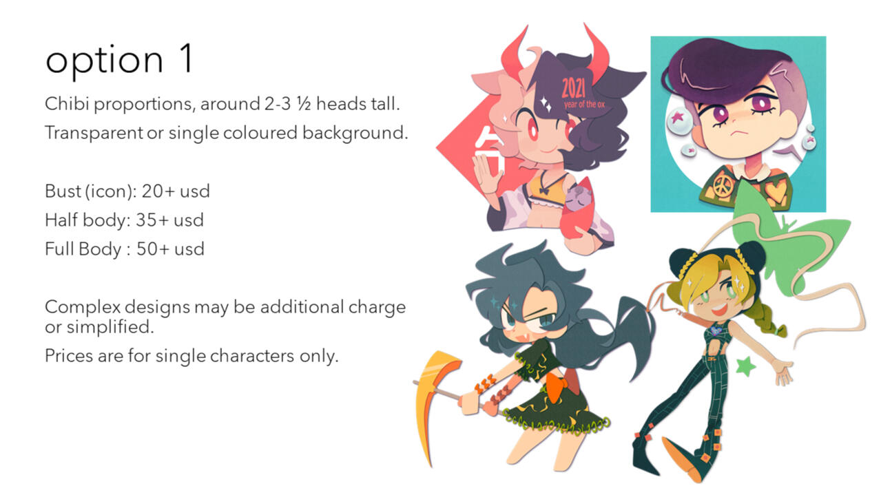 option 1.Chibi proportions, around 2-3 ½ heads tall. Transparent or single coloured background. Bust (icon): 20+ usd Half body
