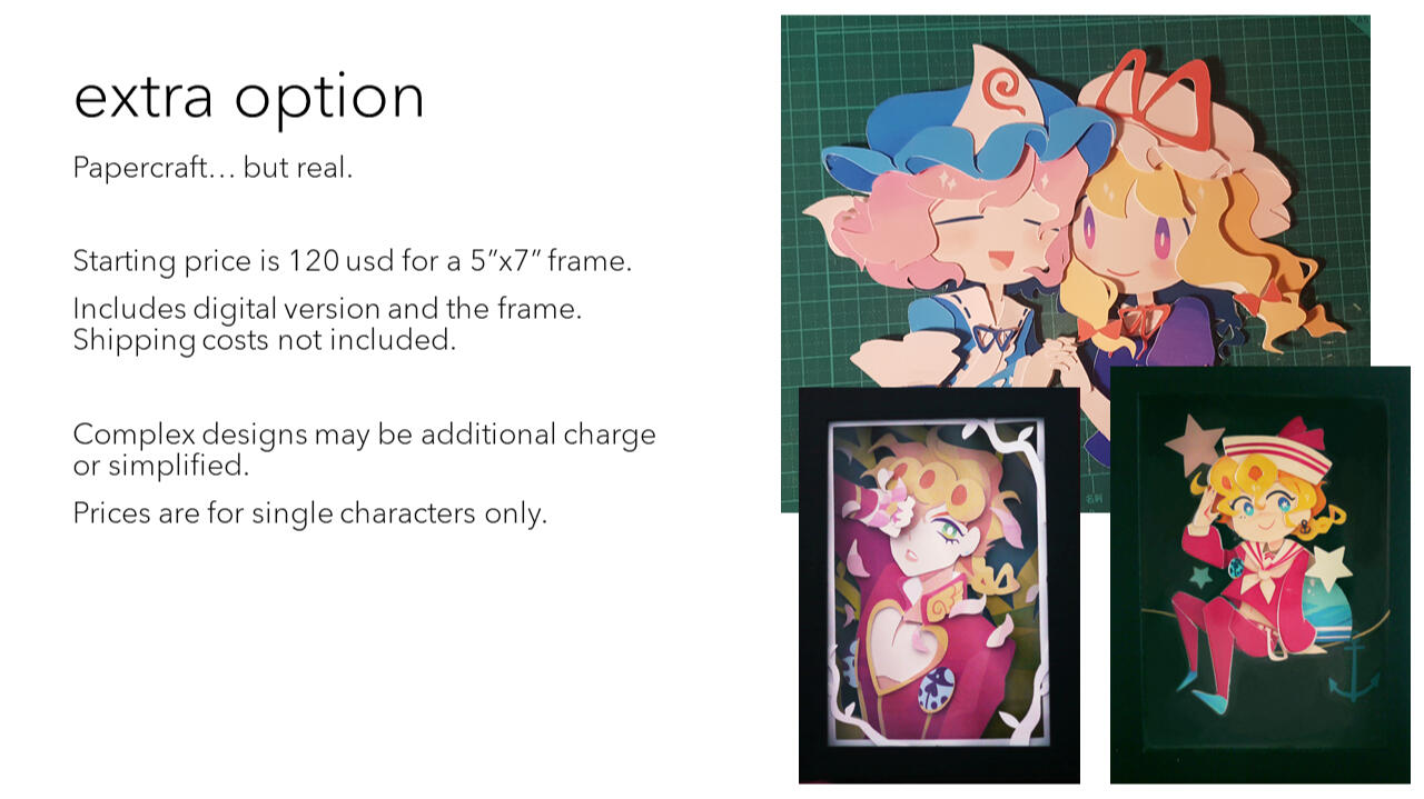extra option. Papercraft… but real. Starting price is 120 usd for a 5”x7” frame. Includes digital version and the frame. Shipp